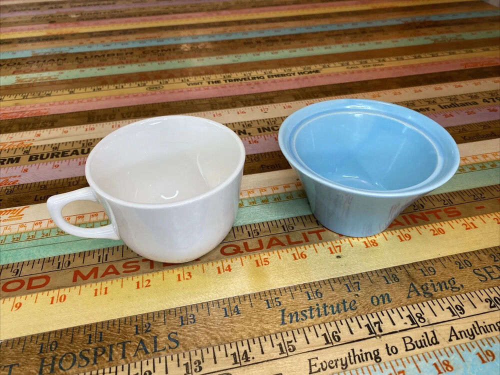 2 Small Dish Bowl Coffee Mug Cups White Teal Green USA MCM 50s Restaurant